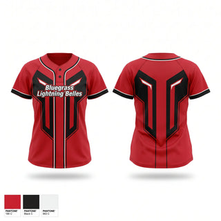 Two Button Softball Jersey, Bluegrass Lightning Belles, Softball, Teamtime, Team time, sublimation, custom sports apparel, team uniforms, spirit wear, spiritwear, sports uniforms, custom shirts, team store, custom team store, fundraiser sports, apparel fundraiser