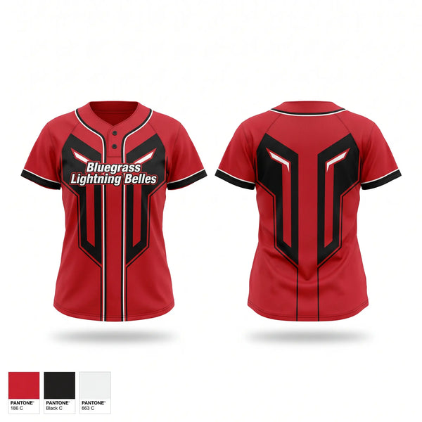 Two Button Softball Jersey, Bluegrass Lightning Belles, Softball, Teamtime, Team time, sublimation, custom sports apparel, team uniforms, spirit wear, spiritwear, sports uniforms, custom shirts, team store, custom team store, fundraiser sports, apparel fundraiser