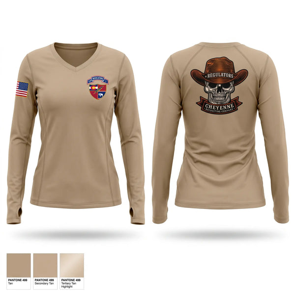 Womens Long Sleeve Vneck Shirt, Cheyenne US Army Recruiting Company, Army, Teamtime, Team time, sublimation, custom sports apparel, team uniforms, spirit wear, spiritwear, sports uniforms, custom shirts, team store, custom team store, fundraiser sports, apparel fundraiser