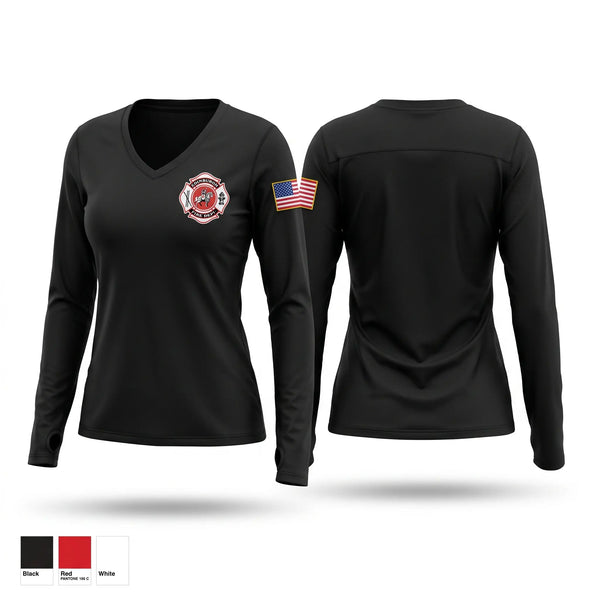 Womens Long Sleeve Vneck Shirt, Edinburgh Fire Lancer Logo, EMS/EMT, Teamtime, Team time, sublimation, custom sports apparel, team uniforms, spirit wear, spiritwear, sports uniforms, custom shirts, team store, custom team store, fundraiser sports, apparel fundraiser