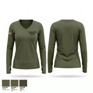 Womens Long Sleeve Vneck Shirt, 1st Marine Division HQ Battalion Comm Co, Marines, Teamtime, Team time, sublimation, custom sports apparel, team uniforms, spirit wear, spiritwear, sports uniforms, custom shirts, team store, custom team store, fundraiser sports, apparel fundraiser