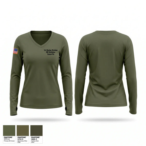 Womens Long Sleeve Vneck Shirt, 1st Marine Division HQ Battalion Comm Co, Marines, Teamtime, Team time, sublimation, custom sports apparel, team uniforms, spirit wear, spiritwear, sports uniforms, custom shirts, team store, custom team store, fundraiser sports, apparel fundraiser