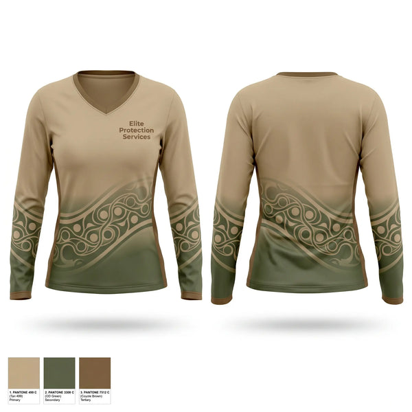 Womens Long Sleeve Vneck Shirt, Elite Protection Services, , Teamtime, Team time, sublimation, custom sports apparel, team uniforms, spirit wear, spiritwear, sports uniforms, custom shirts, team store, custom team store, fundraiser sports, apparel fundraiser