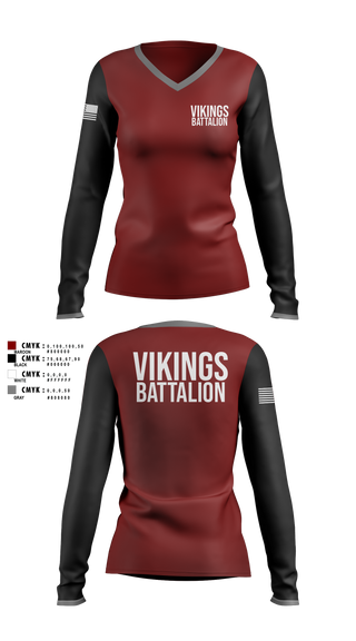 Womens Long Sleeve Vneck Shirt, Viking battalion, Army, Teamtime, Team time, sublimation, custom sports apparel, team uniforms, spirit wear, spiritwear, sports uniforms, custom shirts, team store, custom team store, fundraiser sports, apparel fundraiser