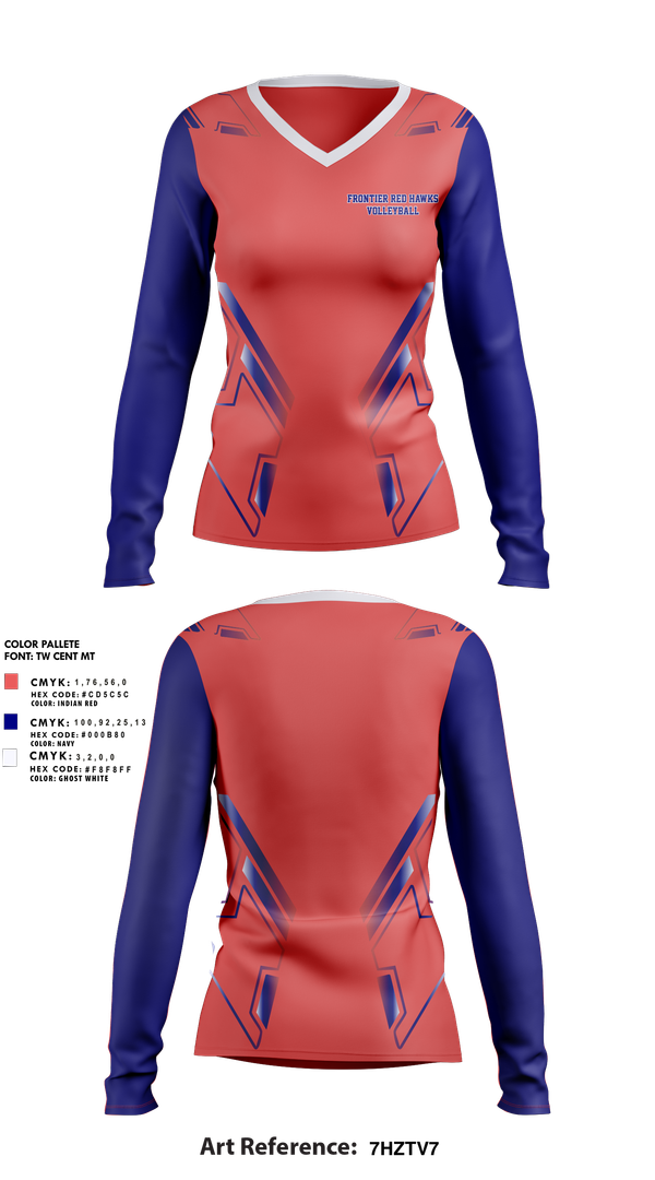 Womens Long Sleeve Vneck Shirt, Frontier Red Hawks, Women's Volleyball, Teamtime, Team time, sublimation, custom sports apparel, team uniforms, spirit wear, spiritwear, sports uniforms, custom shirts, team store, custom team store, fundraiser sports, apparel fundraiser
