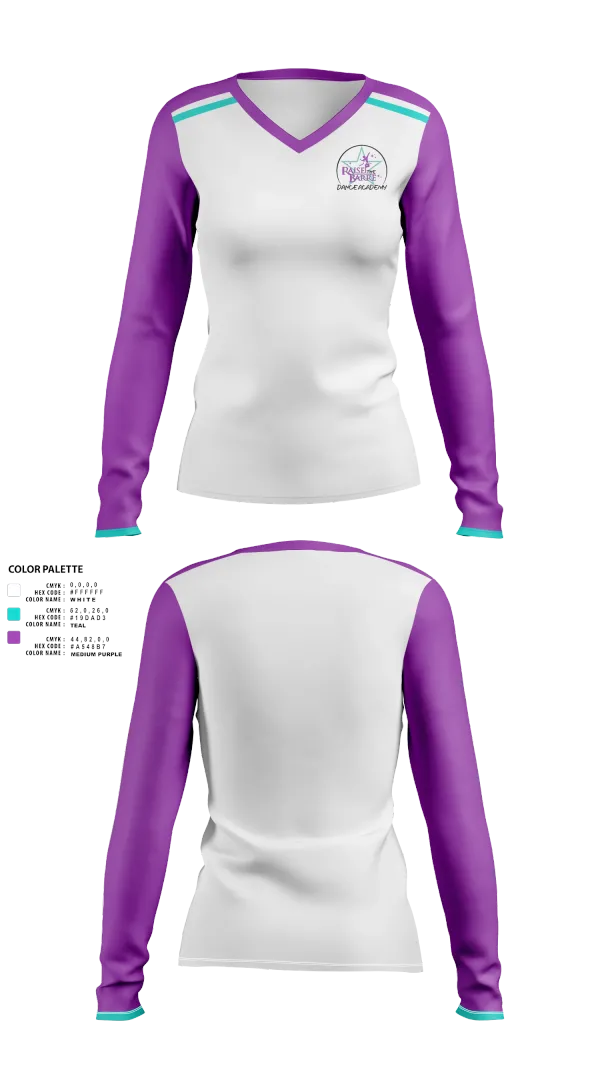 Womens Long Sleeve Vneck Shirt, Raise the Barre Dance Academy, , Teamtime, Team time, sublimation, custom sports apparel, team uniforms, spirit wear, spiritwear, sports uniforms, custom shirts, team store, custom team store, fundraiser sports, apparel fundraiser