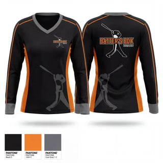 Womens Long Sleeve Vneck Shirt, The Batter’s Box Training Academy, , Teamtime, Team time, sublimation, custom sports apparel, team uniforms, spirit wear, spiritwear, sports uniforms, custom shirts, team store, custom team store, fundraiser sports, apparel fundraiser