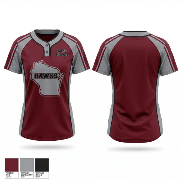 Two Button Softball Jersey, Lady Hawks, Softball, Teamtime, Team time, sublimation, custom sports apparel, team uniforms, spirit wear, spiritwear, sports uniforms, custom shirts, team store, custom team store, fundraiser sports, apparel fundraiser