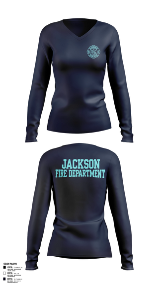 Womens Long Sleeve Vneck Shirt, Jackson Fire Department, Fire Department, Teamtime, Team time, sublimation, custom sports apparel, team uniforms, spirit wear, spiritwear, sports uniforms, custom shirts, team store, custom team store, fundraiser sports, apparel fundraiser