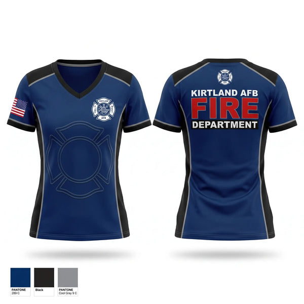 Womens Short Sleeve Vneck Shirt, Kirtland AFB Fire Department, Fire Department, Teamtime, Team time, sublimation, custom sports apparel, team uniforms, spirit wear, spiritwear, sports uniforms, custom shirts, team store, custom team store, fundraiser sports, apparel fundraiser