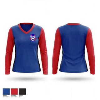 Womens Long Sleeve Vneck Shirt, Dover Academy Blue Devils, , Teamtime, Team time, sublimation, custom sports apparel, team uniforms, spirit wear, spiritwear, sports uniforms, custom shirts, team store, custom team store, fundraiser sports, apparel fundraiser