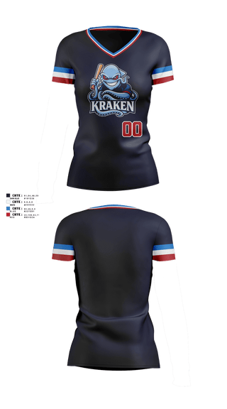 Womens Short Sleeve Vneck Shirt, Kraken, Baseball, Teamtime, Team time, sublimation, custom sports apparel, team uniforms, spirit wear, spiritwear, sports uniforms, custom shirts, team store, custom team store, fundraiser sports, apparel fundraiser