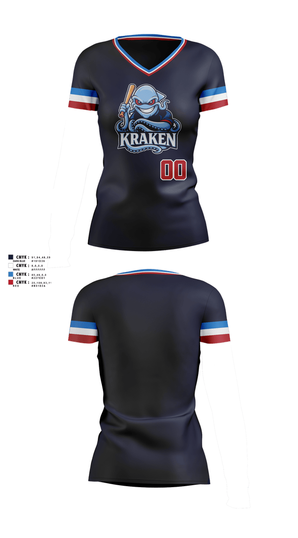 Womens Short Sleeve Vneck Shirt, Kraken, Baseball, Teamtime, Team time, sublimation, custom sports apparel, team uniforms, spirit wear, spiritwear, sports uniforms, custom shirts, team store, custom team store, fundraiser sports, apparel fundraiser