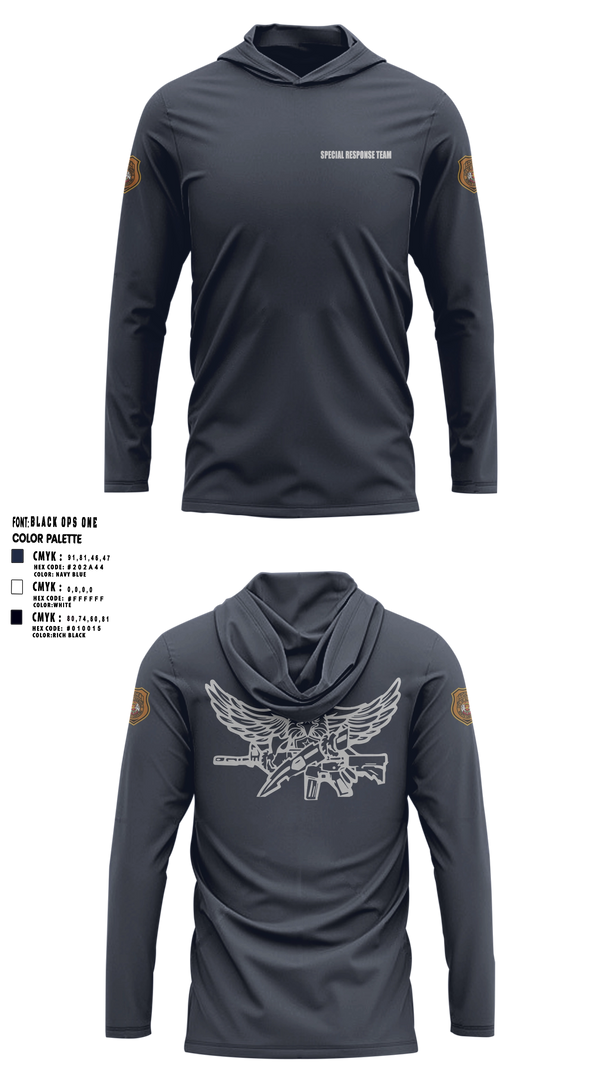 Long Sleeve hooded sunshirt, Special Response Team, Police, Teamtime, Team time, sublimation, custom sports apparel, team uniforms, spirit wear, spiritwear, sports uniforms, custom shirts, team store, custom team store, fundraiser sports, apparel fundraiser