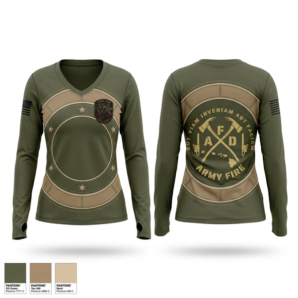 Womens Long Sleeve Vneck Shirt, ARMY FIRE, Fire Department, Teamtime, Team time, sublimation, custom sports apparel, team uniforms, spirit wear, spiritwear, sports uniforms, custom shirts, team store, custom team store, fundraiser sports, apparel fundraiser