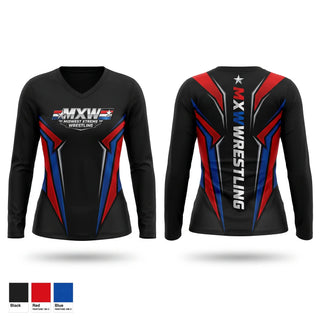 Womens Long Sleeve Vneck Shirt, Midwest Xtreme Wrestling, Wrestling, Teamtime, Team time, sublimation, custom sports apparel, team uniforms, spirit wear, spiritwear, sports uniforms, custom shirts, team store, custom team store, fundraiser sports, apparel fundraiser