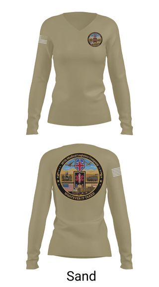 Womens Long Sleeve Vneck Shirt, 387th Medical Logistics Company, Army, Teamtime, Team time, sublimation, custom sports apparel, team uniforms, spirit wear, spiritwear, sports uniforms, custom shirts, team store, custom team store, fundraiser sports, apparel fundraiser