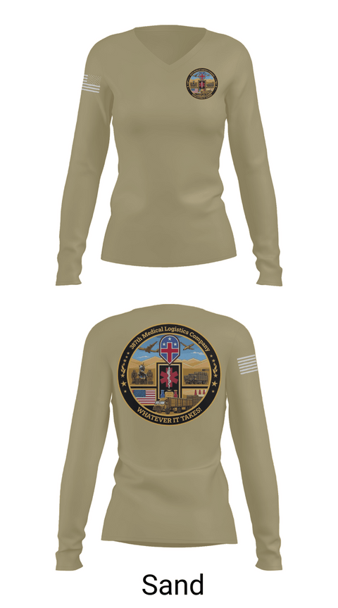 Womens Long Sleeve Vneck Shirt, 387th Medical Logistics Company, Army, Teamtime, Team time, sublimation, custom sports apparel, team uniforms, spirit wear, spiritwear, sports uniforms, custom shirts, team store, custom team store, fundraiser sports, apparel fundraiser