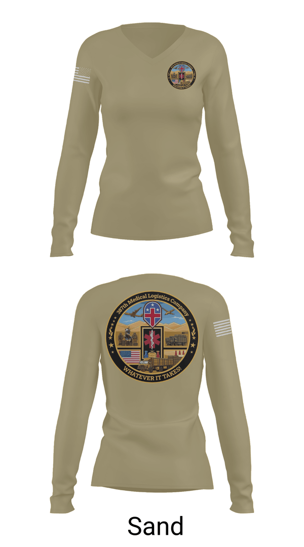Womens Long Sleeve Vneck Shirt, 387th Medical Logistics Company, Army, Teamtime, Team time, sublimation, custom sports apparel, team uniforms, spirit wear, spiritwear, sports uniforms, custom shirts, team store, custom team store, fundraiser sports, apparel fundraiser