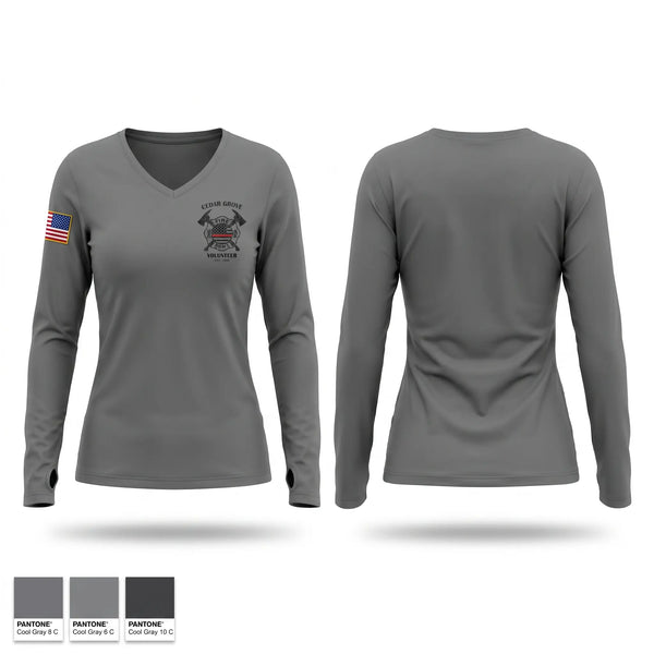 Womens Long Sleeve Vneck Shirt, Cedar Grove Volunteer Fire Dept, Fire Department, Teamtime, Team time, sublimation, custom sports apparel, team uniforms, spirit wear, spiritwear, sports uniforms, custom shirts, team store, custom team store, fundraiser sports, apparel fundraiser