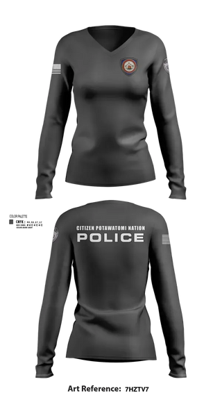 Womens Long Sleeve Vneck Shirt, Citizen Pottawatomie nation Police Department, Police, Teamtime, Team time, sublimation, custom sports apparel, team uniforms, spirit wear, spiritwear, sports uniforms, custom shirts, team store, custom team store, fundraiser sports, apparel fundraiser
