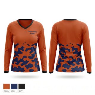 Womens Long Sleeve Vneck Shirt, Clayton Valley Flames, Softball, Teamtime, Team time, sublimation, custom sports apparel, team uniforms, spirit wear, spiritwear, sports uniforms, custom shirts, team store, custom team store, fundraiser sports, apparel fundraiser