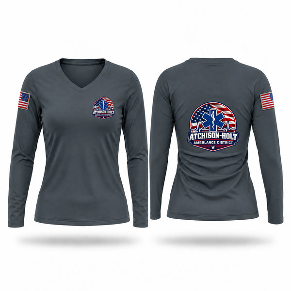 Womens Long Sleeve Vneck Shirt, Atchison Holt Ambulance District, EMS/EMT, Teamtime, Team time, sublimation, custom sports apparel, team uniforms, spirit wear, spiritwear, sports uniforms, custom shirts, team store, custom team store, fundraiser sports, apparel fundraiser