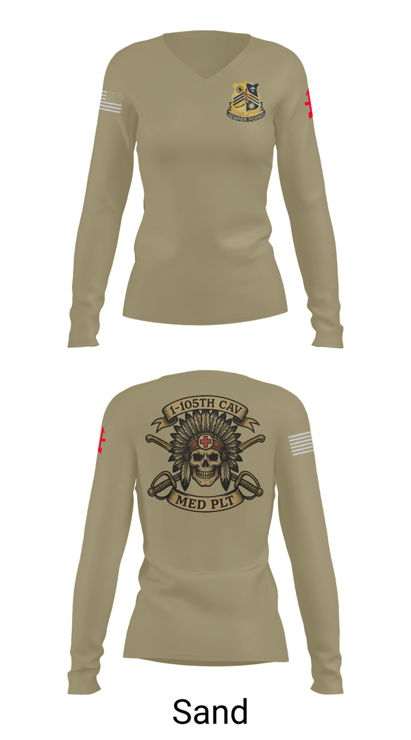 Womens Long Sleeve Vneck Shirt, 1-105th cavalry, Army, Teamtime, Team time, sublimation, custom sports apparel, team uniforms, spirit wear, spiritwear, sports uniforms, custom shirts, team store, custom team store, fundraiser sports, apparel fundraiser