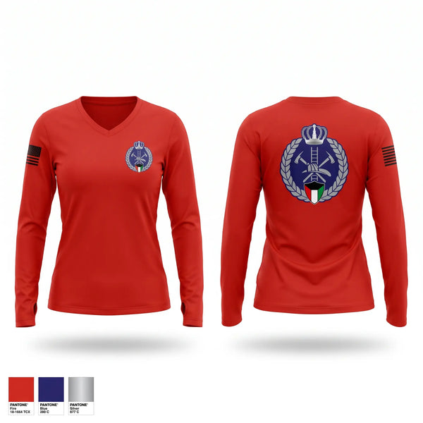 Womens Long Sleeve Vneck Shirt, Kuwait fire force, Fire Department, Teamtime, Team time, sublimation, custom sports apparel, team uniforms, spirit wear, spiritwear, sports uniforms, custom shirts, team store, custom team store, fundraiser sports, apparel fundraiser