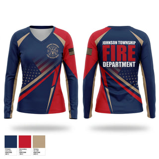 Womens Long Sleeve Vneck Shirt, Johnson township fire department, Fire Department, Teamtime, Team time, sublimation, custom sports apparel, team uniforms, spirit wear, spiritwear, sports uniforms, custom shirts, team store, custom team store, fundraiser sports, apparel fundraiser