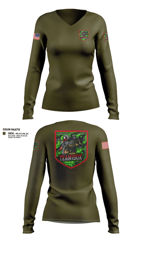 Womens Long Sleeve Vneck Shirt, 1SOK, Army, Teamtime, Team time, sublimation, custom sports apparel, team uniforms, spirit wear, spiritwear, sports uniforms, custom shirts, team store, custom team store, fundraiser sports, apparel fundraiser