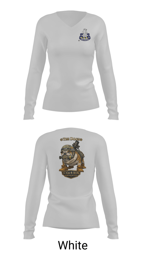Womens Long Sleeve Vneck Shirt, C-co 4-31 INF Mortar Section, Army, Teamtime, Team time, sublimation, custom sports apparel, team uniforms, spirit wear, spiritwear, sports uniforms, custom shirts, team store, custom team store, fundraiser sports, apparel fundraiser