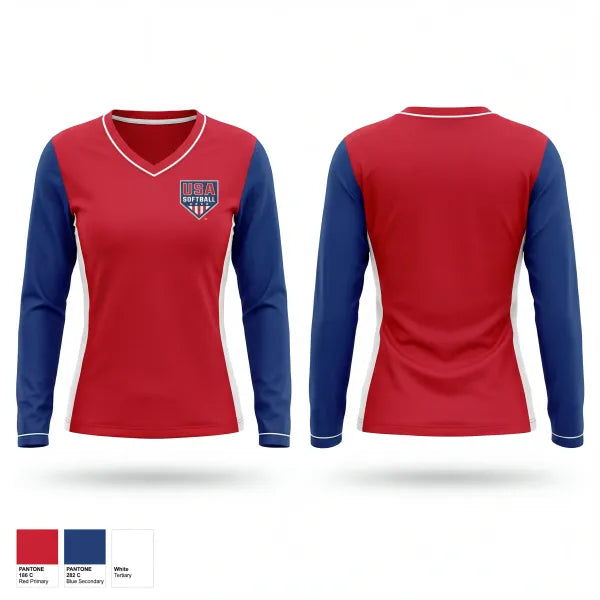 Womens Long Sleeve Vneck Shirt, USA Softball of Alaska, Softball, Teamtime, Team time, sublimation, custom sports apparel, team uniforms, spirit wear, spiritwear, sports uniforms, custom shirts, team store, custom team store, fundraiser sports, apparel fundraiser