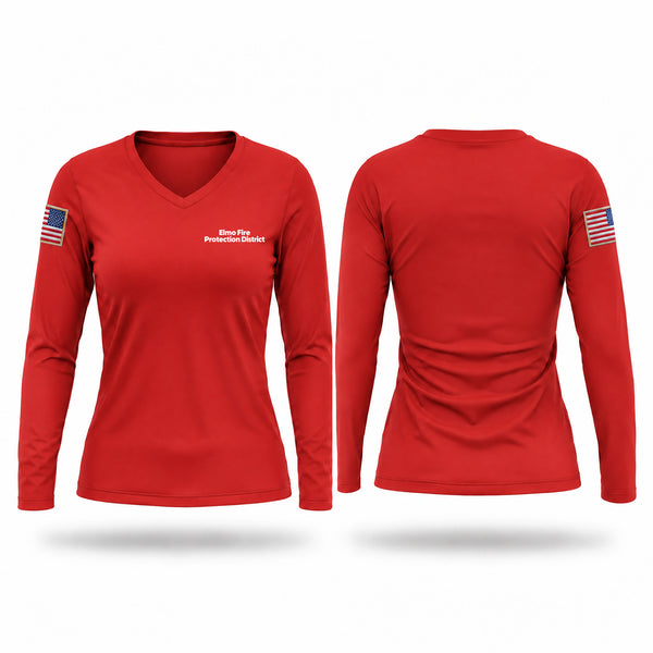 Womens Long Sleeve Vneck Shirt, Elmo Fire Protection District, Fire Department, Teamtime, Team time, sublimation, custom sports apparel, team uniforms, spirit wear, spiritwear, sports uniforms, custom shirts, team store, custom team store, fundraiser sports, apparel fundraiser