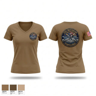 Womens Short Sleeve Vneck Shirt, USS Michigan TorpedoMan, Navy, Teamtime, Team time, sublimation, custom sports apparel, team uniforms, spirit wear, spiritwear, sports uniforms, custom shirts, team store, custom team store, fundraiser sports, apparel fundraiser