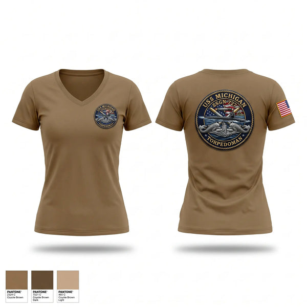 Womens Short Sleeve Vneck Shirt, USS Michigan TorpedoMan, Navy, Teamtime, Team time, sublimation, custom sports apparel, team uniforms, spirit wear, spiritwear, sports uniforms, custom shirts, team store, custom team store, fundraiser sports, apparel fundraiser