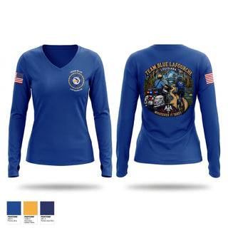 Womens Long Sleeve Vneck Shirt, Team Blue Lafourche, Police, Teamtime, Team time, sublimation, custom sports apparel, team uniforms, spirit wear, spiritwear, sports uniforms, custom shirts, team store, custom team store, fundraiser sports, apparel fundraiser
