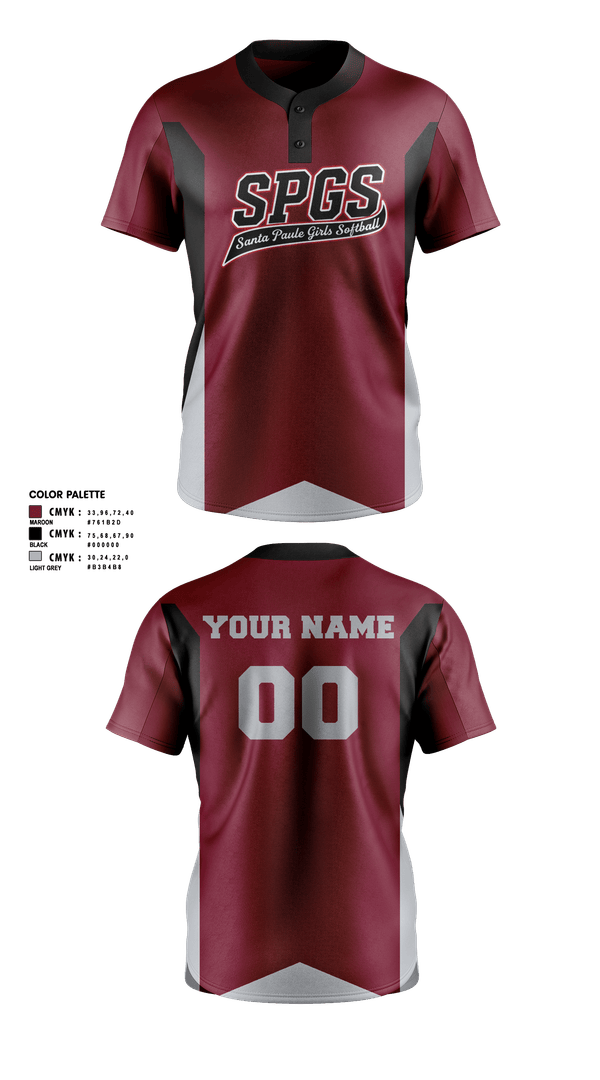 Two Button Softball Jersey, Santa Paula Girls Softball, Softball, Teamtime, Team time, sublimation, custom sports apparel, team uniforms, spirit wear, spiritwear, sports uniforms, custom shirts, team store, custom team store, fundraiser sports, apparel fundraiser