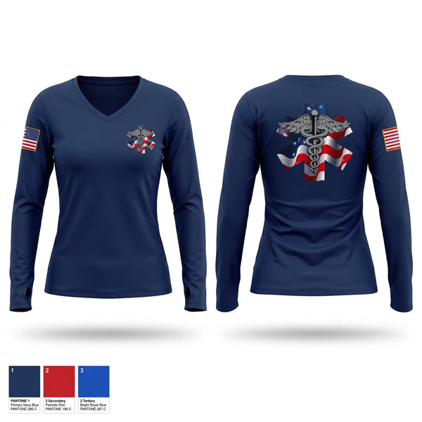Womens Long Sleeve Vneck Shirt, St. James Ambulance District, EMS/EMT, Teamtime, Team time, sublimation, custom sports apparel, team uniforms, spirit wear, spiritwear, sports uniforms, custom shirts, team store, custom team store, fundraiser sports, apparel fundraiser