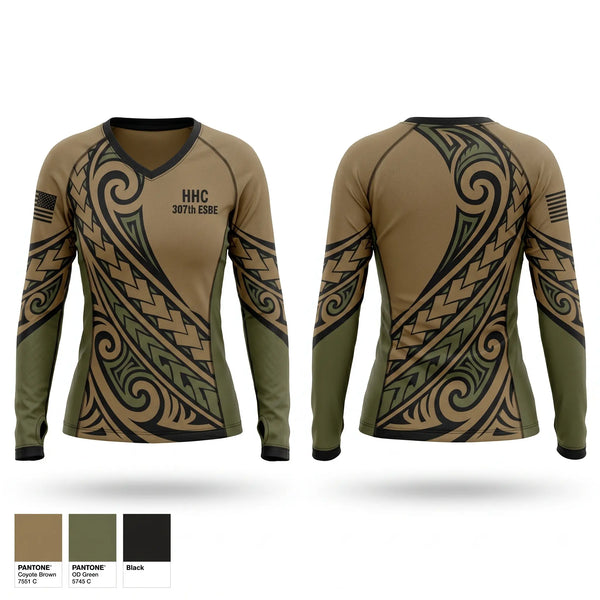 Womens Long Sleeve Vneck Shirt, HHC, 307th ESB-E, Army, Teamtime, Team time, sublimation, custom sports apparel, team uniforms, spirit wear, spiritwear, sports uniforms, custom shirts, team store, custom team store, fundraiser sports, apparel fundraiser