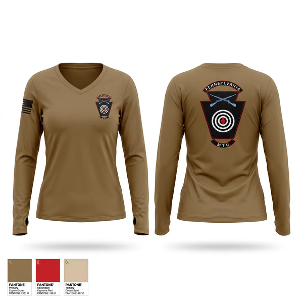 Womens Long Sleeve Vneck Shirt, Marksmanship training unit, National Guard, Teamtime, Team time, sublimation, custom sports apparel, team uniforms, spirit wear, spiritwear, sports uniforms, custom shirts, team store, custom team store, fundraiser sports, apparel fundraiser