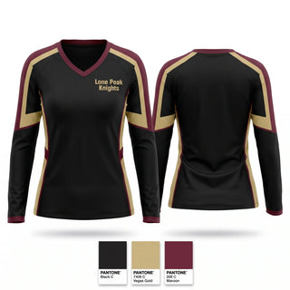 Womens Long Sleeve Vneck Shirt, Lone Peak Knights, , Teamtime, Team time, sublimation, custom sports apparel, team uniforms, spirit wear, spiritwear, sports uniforms, custom shirts, team store, custom team store, fundraiser sports, apparel fundraiser