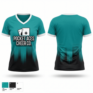 Womens Short Sleeve Vneck Shirt, Pocket Aces Cheer Co., Cheer, Teamtime, Team time, sublimation, custom sports apparel, team uniforms, spirit wear, spiritwear, sports uniforms, custom shirts, team store, custom team store, fundraiser sports, apparel fundraiser