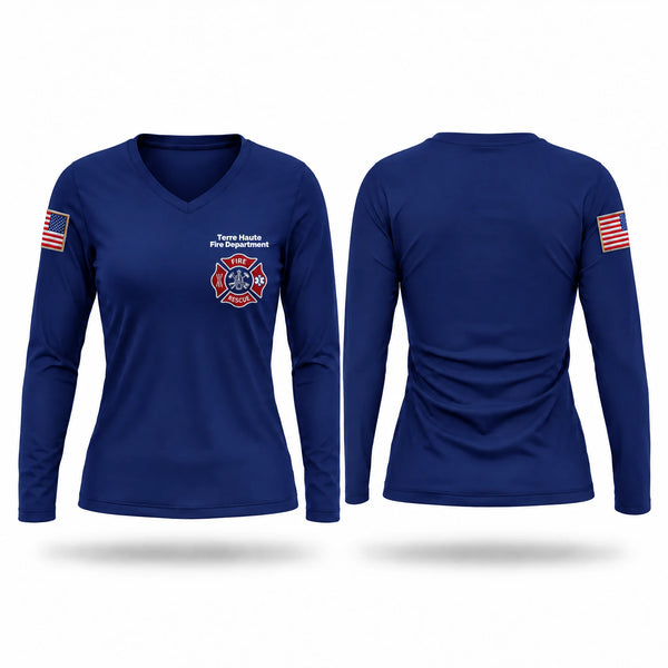 Womens Long Sleeve Vneck Shirt, Terre Haute Fire Department, Fire Department, Teamtime, Team time, sublimation, custom sports apparel, team uniforms, spirit wear, spiritwear, sports uniforms, custom shirts, team store, custom team store, fundraiser sports, apparel fundraiser
