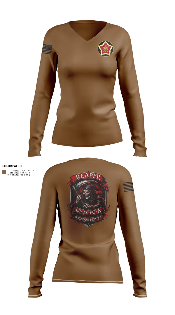 Womens Long Sleeve Vneck Shirt, 62ND CEC-A, Army, Teamtime, Team time, sublimation, custom sports apparel, team uniforms, spirit wear, spiritwear, sports uniforms, custom shirts, team store, custom team store, fundraiser sports, apparel fundraiser