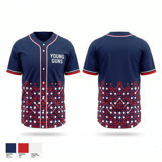 Full Button Baseball Jersey, YOUNG GUNS, Baseball, Teamtime, Team time, sublimation, custom sports apparel, team uniforms, spirit wear, spiritwear, sports uniforms, custom shirts, team store, custom team store, fundraiser sports, apparel fundraiser