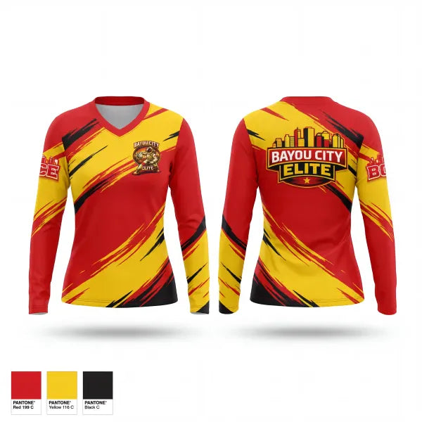 Womens Long Sleeve Vneck Shirt, Bayou City Elite Academy, Men's Basketball, Teamtime, Team time, sublimation, custom sports apparel, team uniforms, spirit wear, spiritwear, sports uniforms, custom shirts, team store, custom team store, fundraiser sports, apparel fundraiser