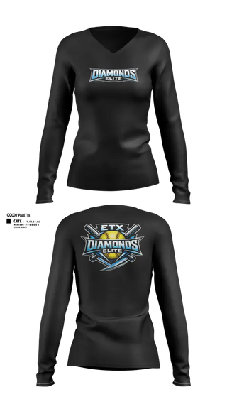 Womens Long Sleeve Vneck Shirt, ETX Diamonds Elite, Softball, Teamtime, Team time, sublimation, custom sports apparel, team uniforms, spirit wear, spiritwear, sports uniforms, custom shirts, team store, custom team store, fundraiser sports, apparel fundraiser
