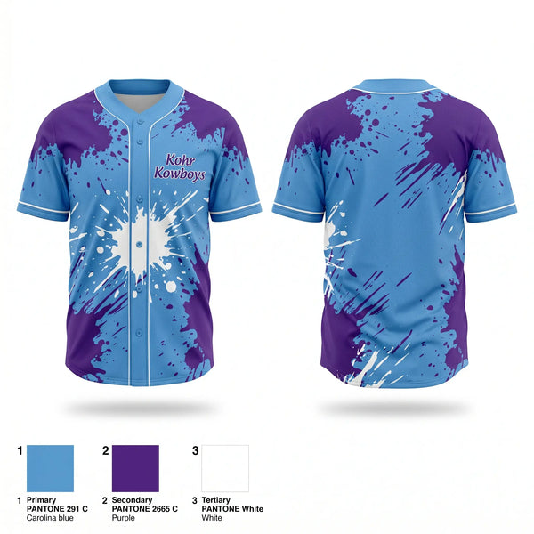Full Button Baseball Jersey, Kohr Kowboys, Baseball, Teamtime, Team time, sublimation, custom sports apparel, team uniforms, spirit wear, spiritwear, sports uniforms, custom shirts, team store, custom team store, fundraiser sports, apparel fundraiser