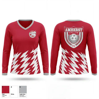 Womens Long Sleeve Vneck Shirt, Amherst Lightning, Women's Soccer, Teamtime, Team time, sublimation, custom sports apparel, team uniforms, spirit wear, spiritwear, sports uniforms, custom shirts, team store, custom team store, fundraiser sports, apparel fundraiser